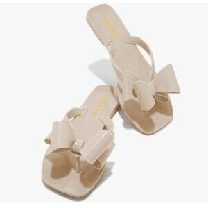Miss left Beige Versatile Open Square Toe Flip Flop Double Bowknots Thong Sandal
